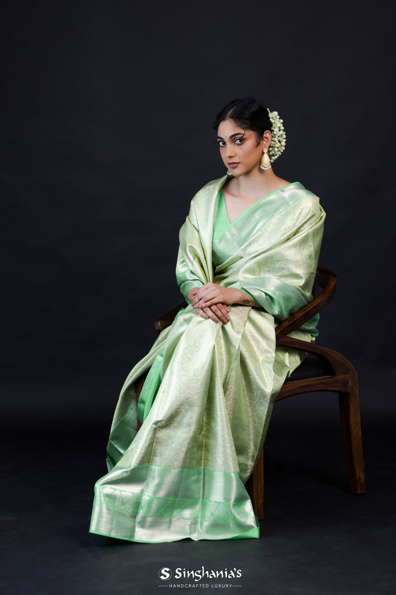 Celadon Green Kanjivaram Silk Saree With Floral Jaal Weaving