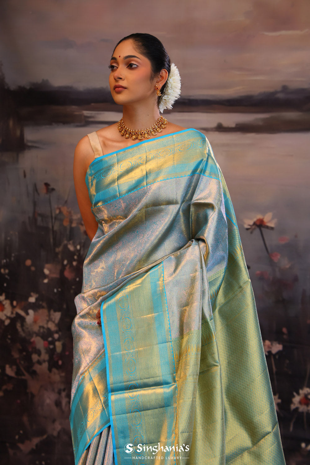 Chlorine Blue Jaali Kanjivaram Silk Saree