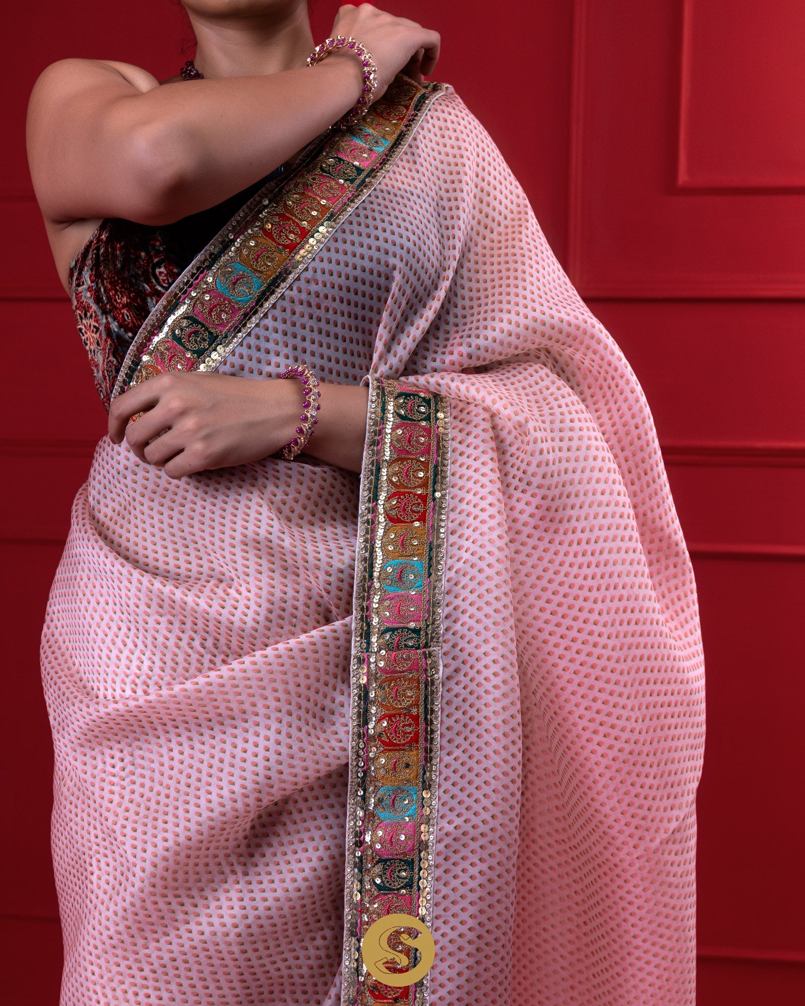 Pinkish White Printed Organza Saree With Embroidery Border