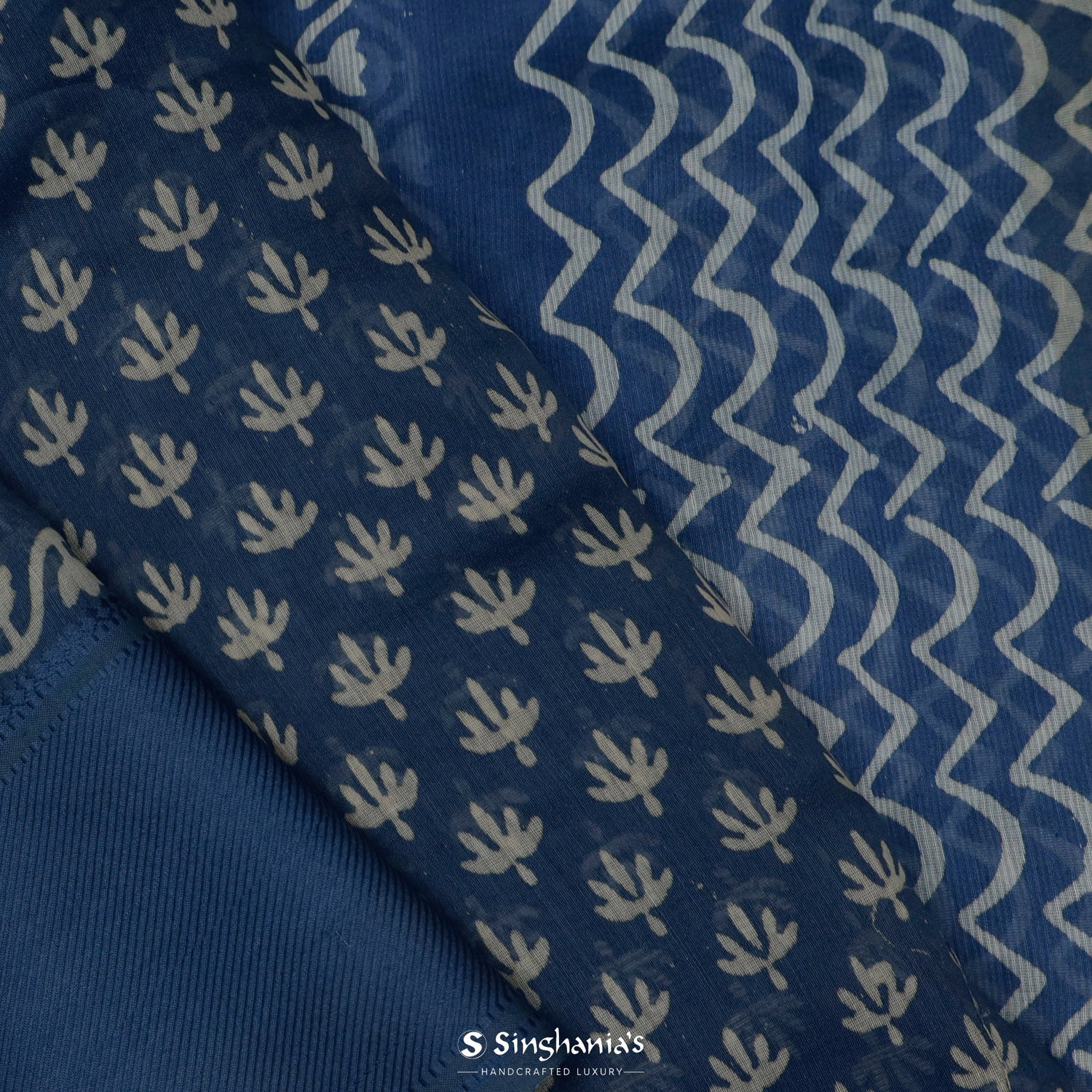 Blue Yonder Printed Chanderi Saree With Leaf Motifs