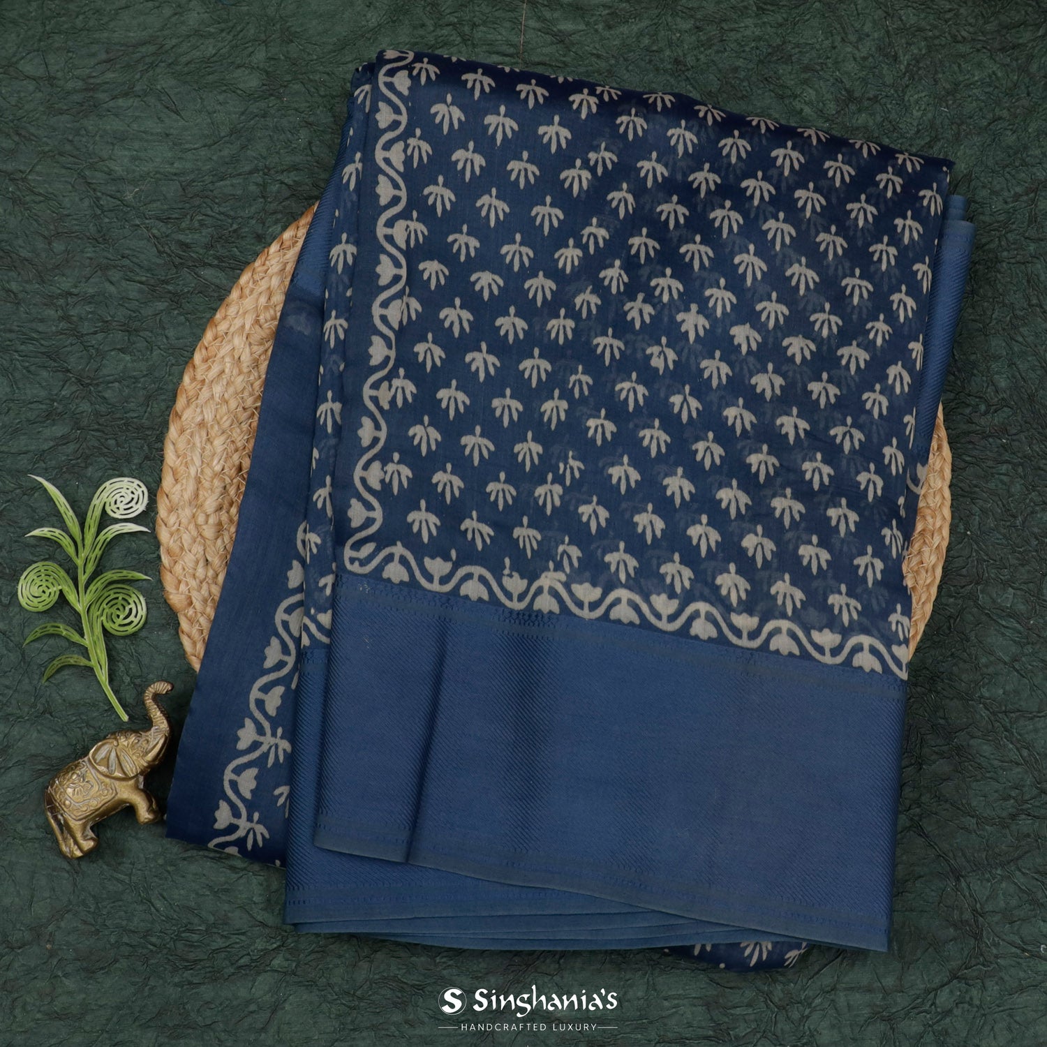 Blue Yonder Printed Chanderi Saree With Leaf Motifs