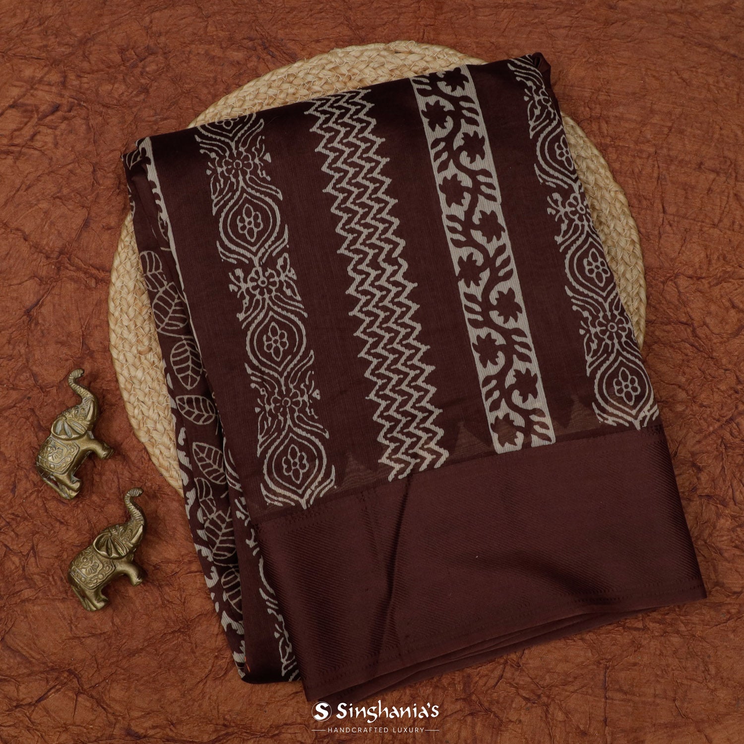 Dark Deep Brown Printed Chanderi Saree With Leaf Jaal Pattern