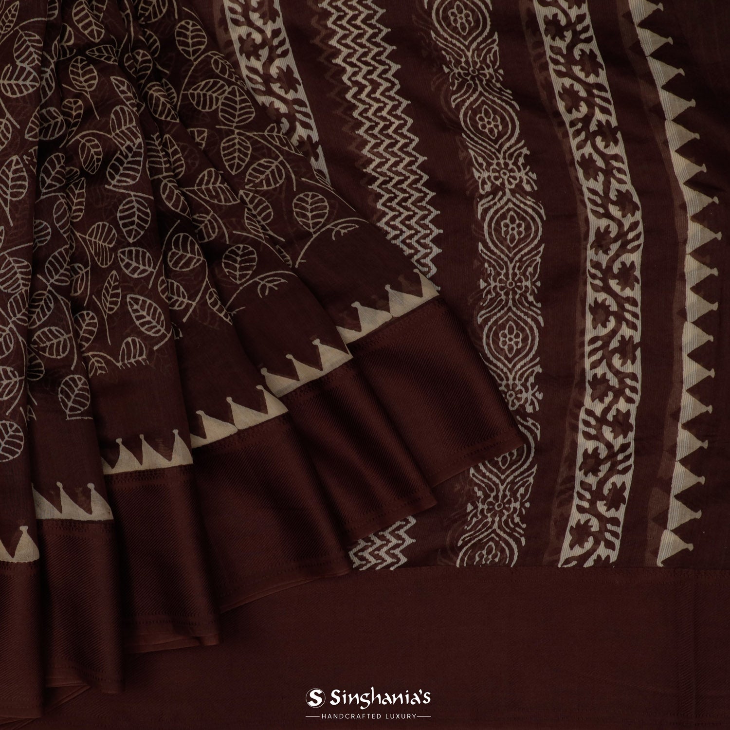 Dark Deep Brown Printed Chanderi Saree With Leaf Jaal Pattern