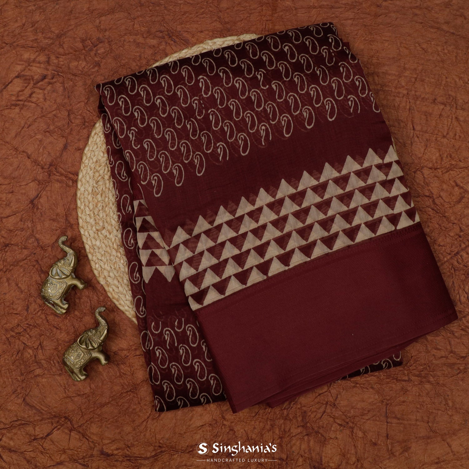 Tuscan Red Printed Chanderi Saree With Different Geometrical Pattern