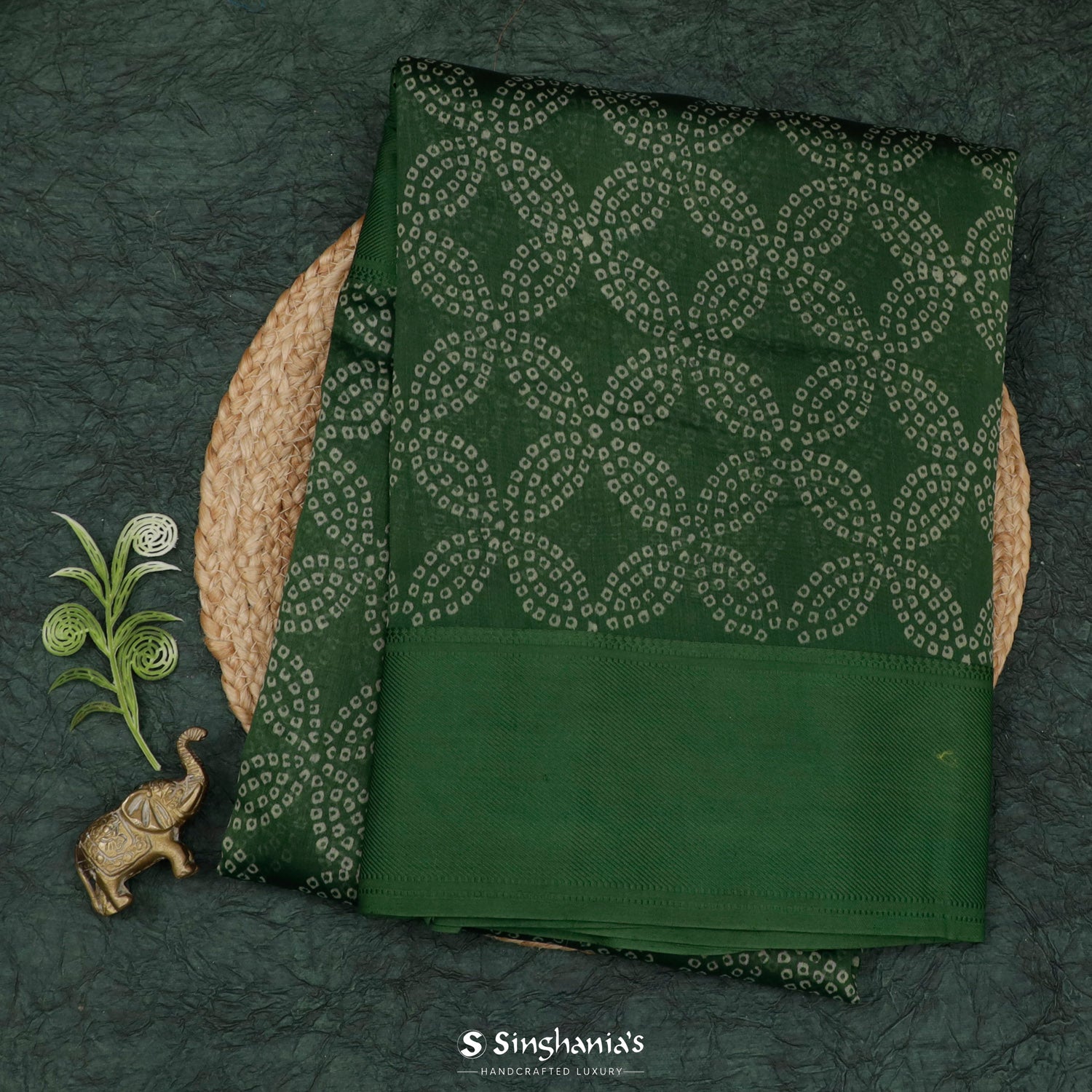 Hunter Green Printed Chanderi Saree With Bandhani-Inspired Pattern
