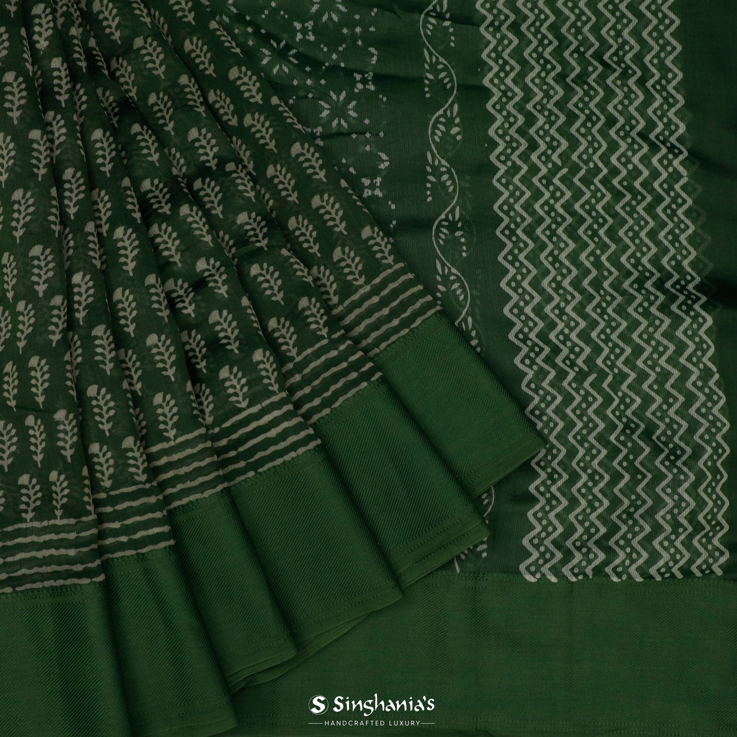 Deep Green Printed Chanderi Saree With Different Geometrical Pattern