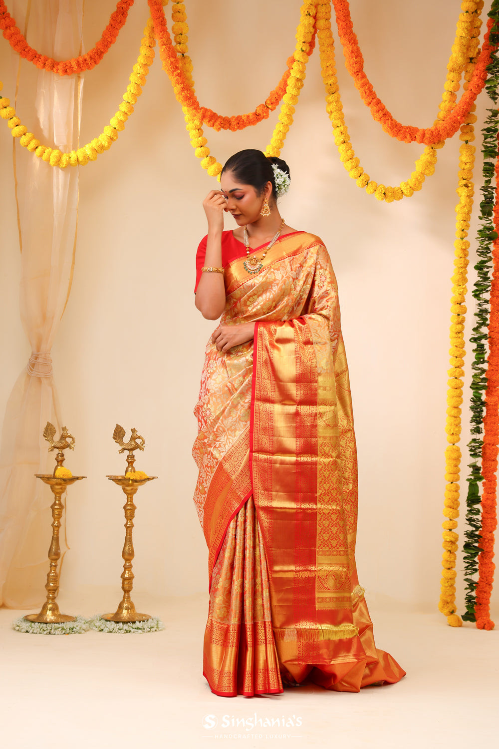 Peach Pink Tissue Kanjivaram Saree With Floral Jaal Work