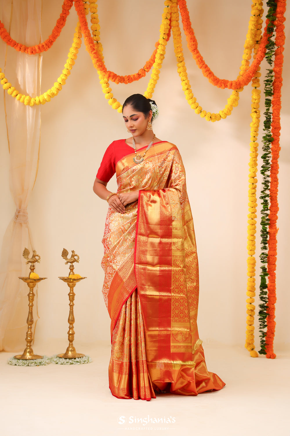 Peach Pink Tissue Kanjivaram Saree With Floral Jaal Work