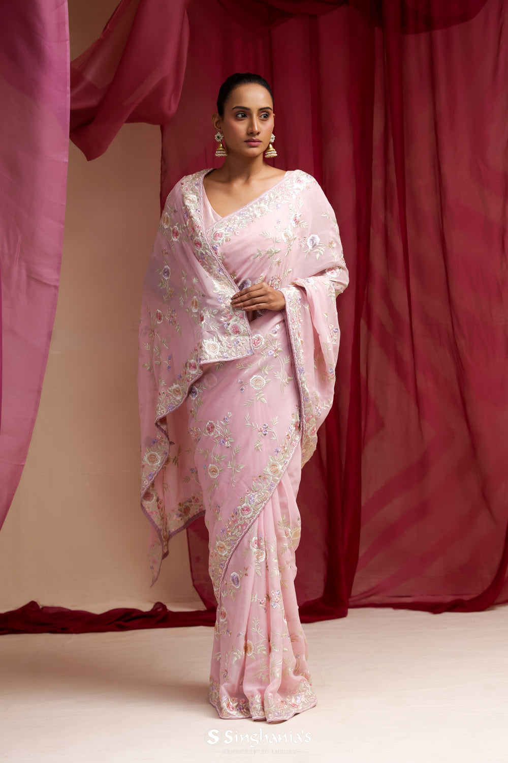 Pastel Pink Georgette Designer Saree With Floral Embroidery