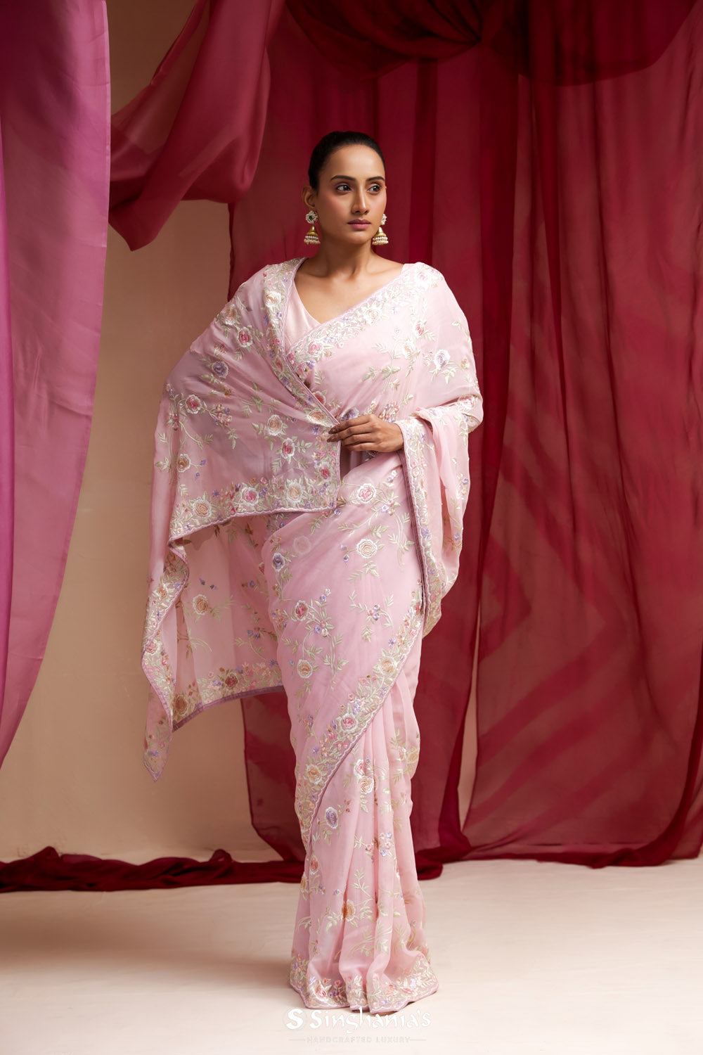 Pastel Pink Georgette Designer Saree With Floral Embroidery