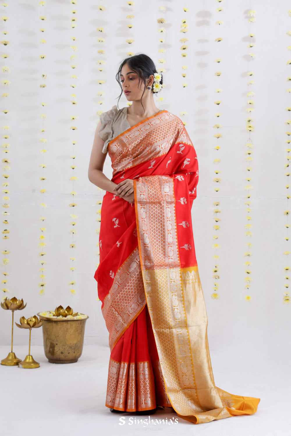 Imperial Red Venkatagiri Silk Saree With Floral Buttas