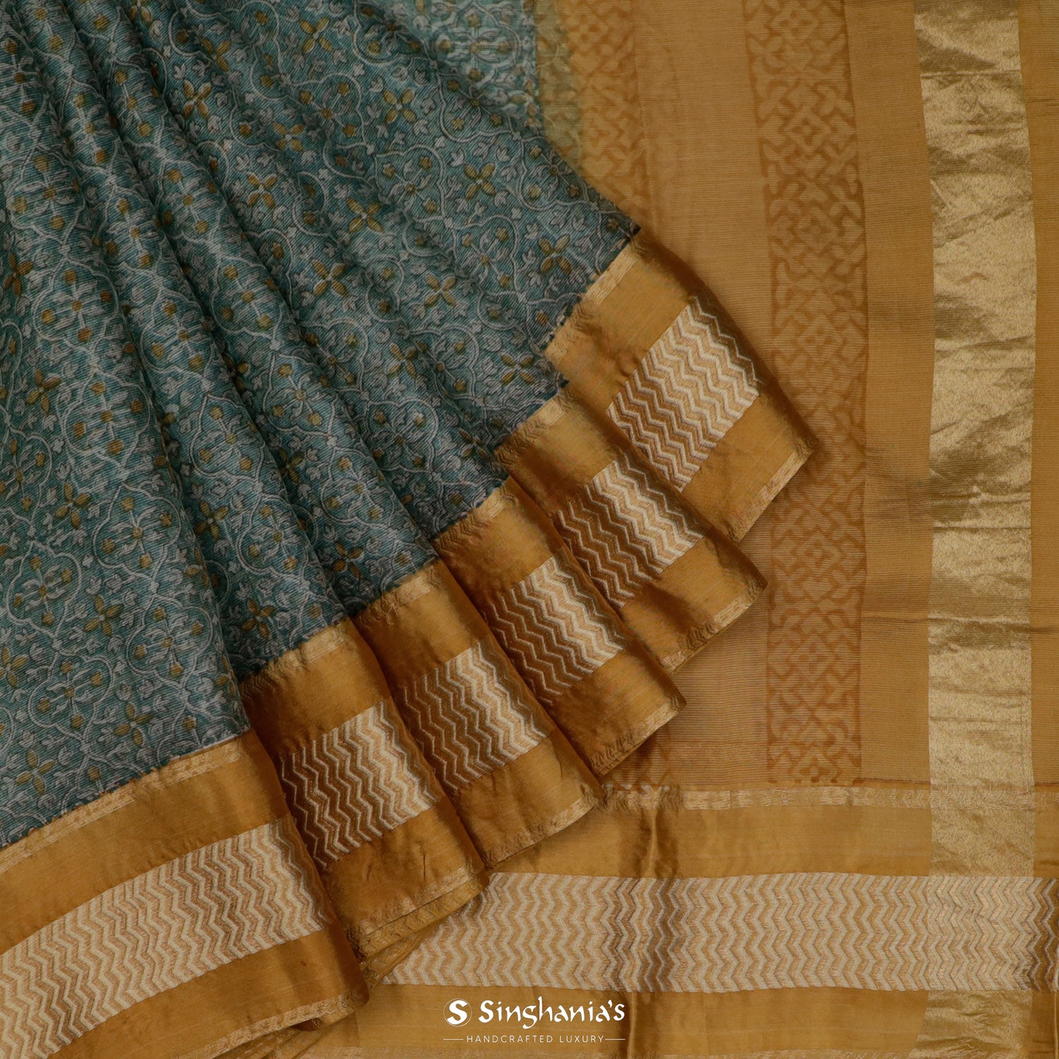 Blue-Gray Printed Maheshwari Saree With Abstract Pattern