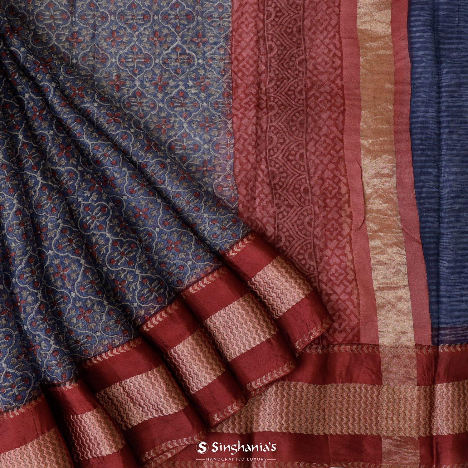 Blue Yonder Printed Maheshwari Saree With Floral Brocade In Grid Pattern