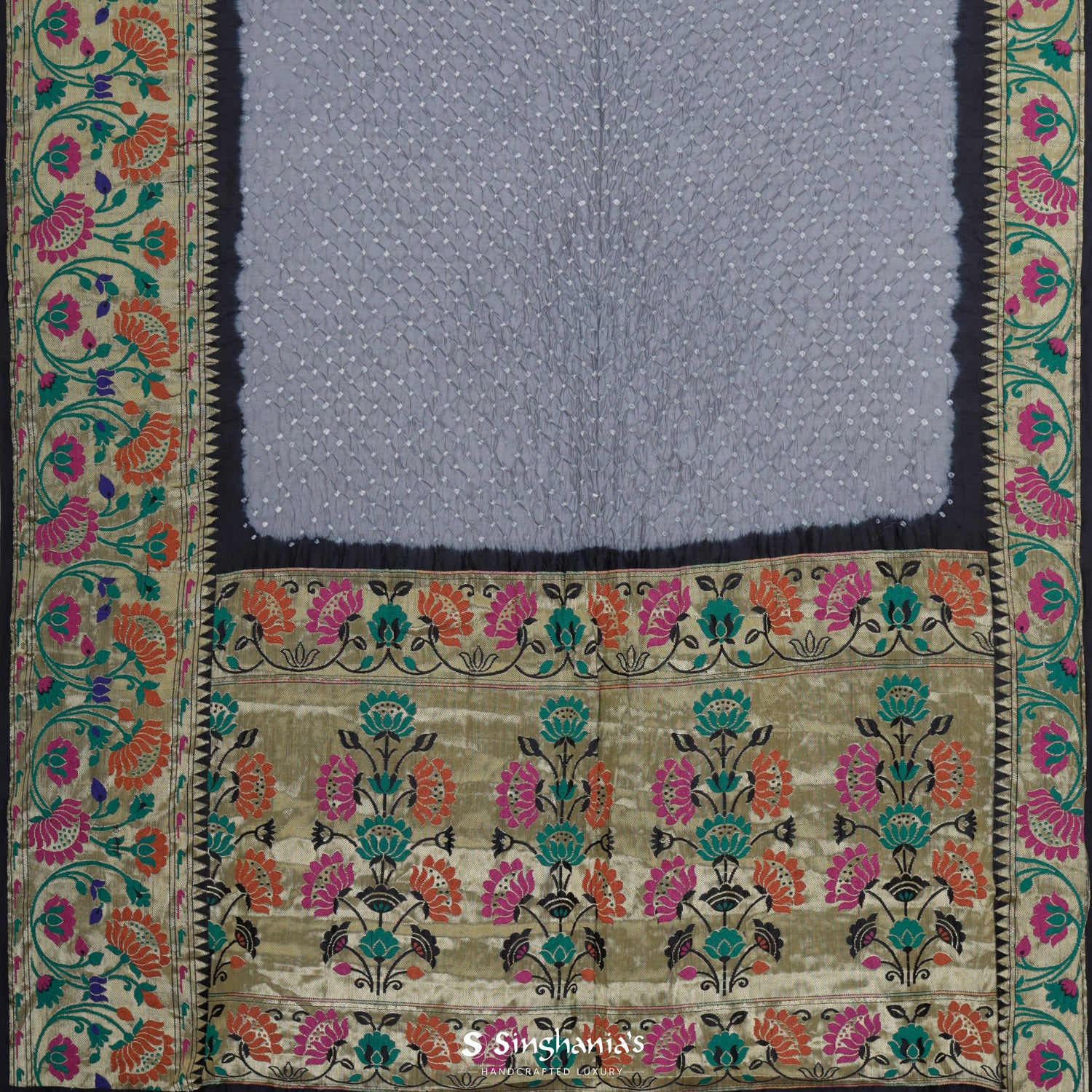 Slate Gray Printed Silk Saree With Bandhani Pattern