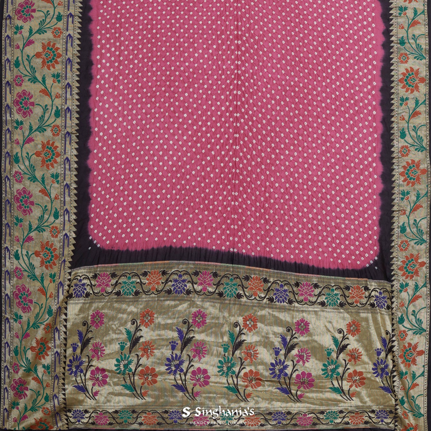 Dark Terracotta Printed Silk Saree With Bandhani Pattern