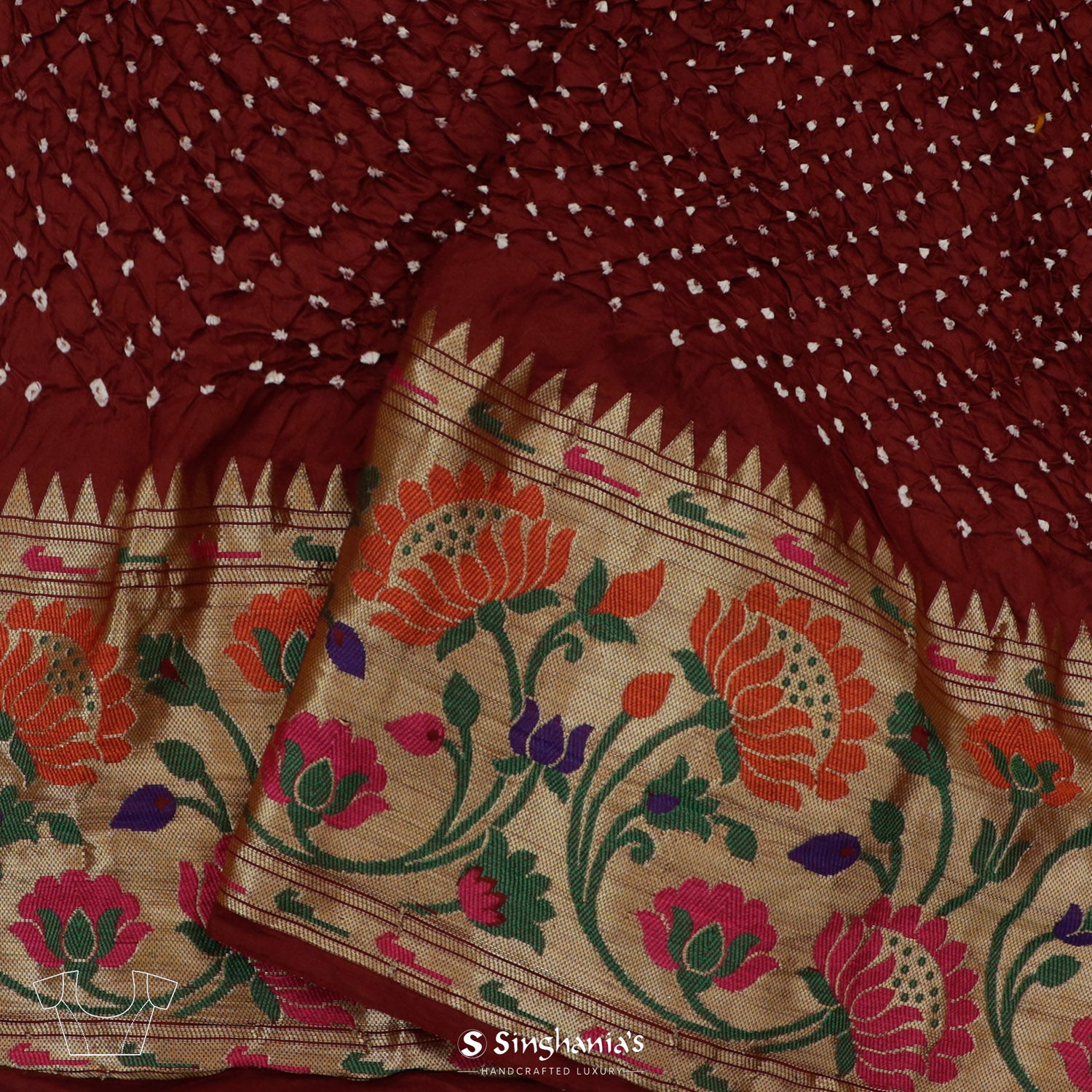 Raspberry Rose Printed Silk Saree With Bandhani Pattern