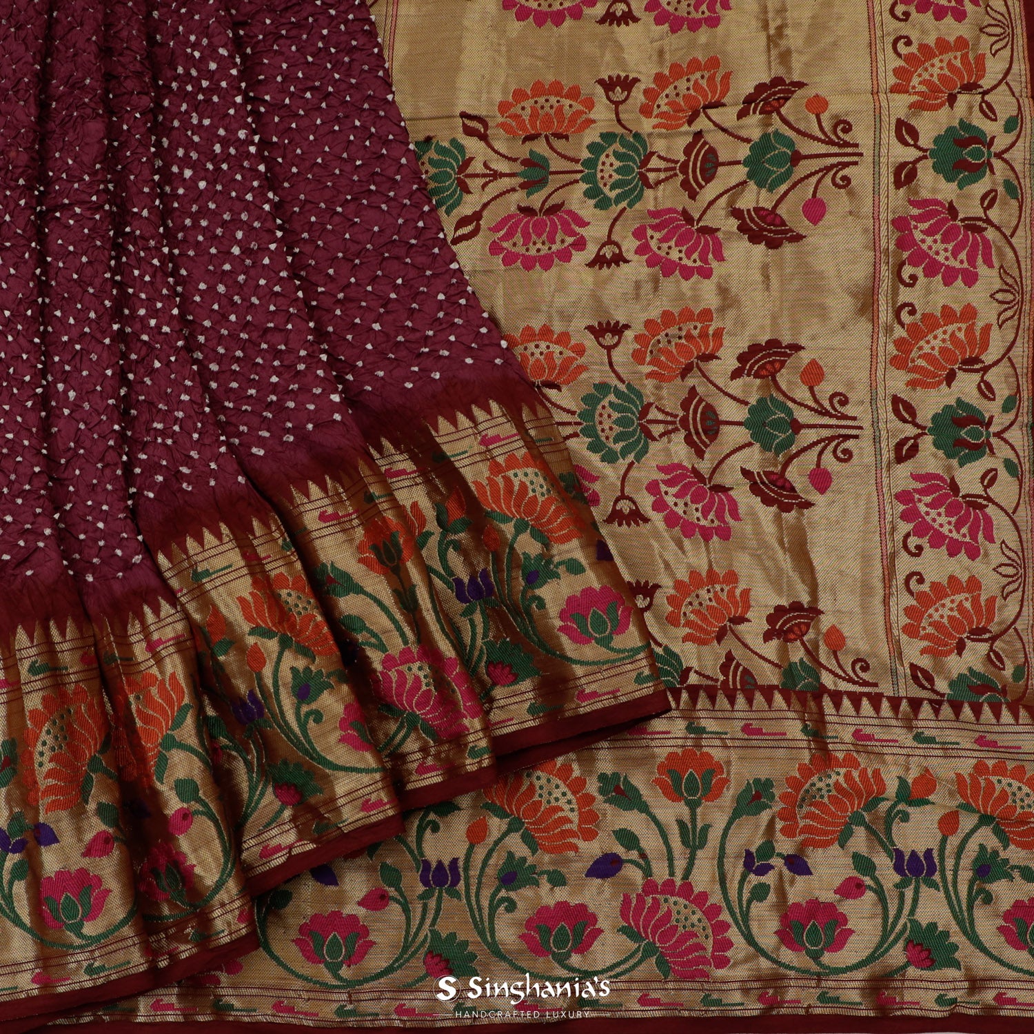 Raspberry Rose Printed Silk Saree With Bandhani Pattern