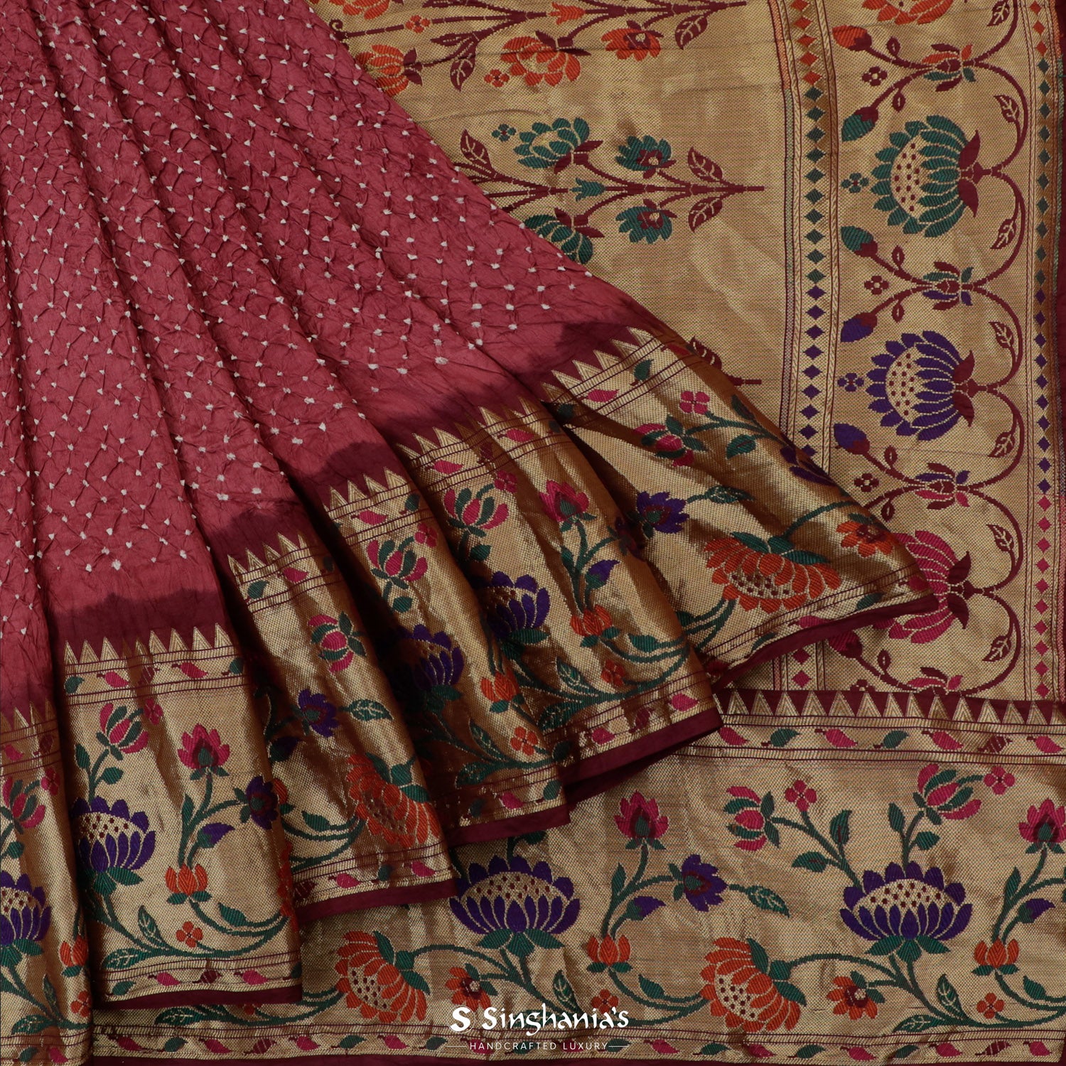 Cordovan Red Printed Silk Saree With Bandhani Pattern