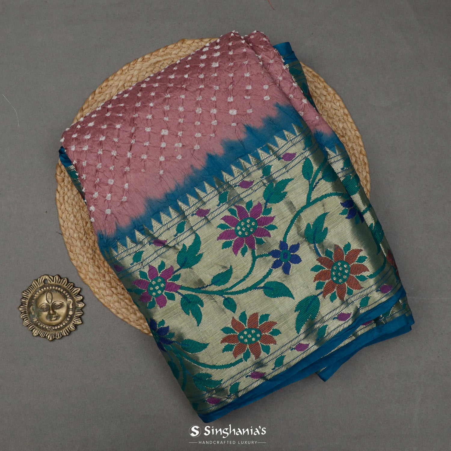 Onion Pink Silk Saree With Bandhini Pattern