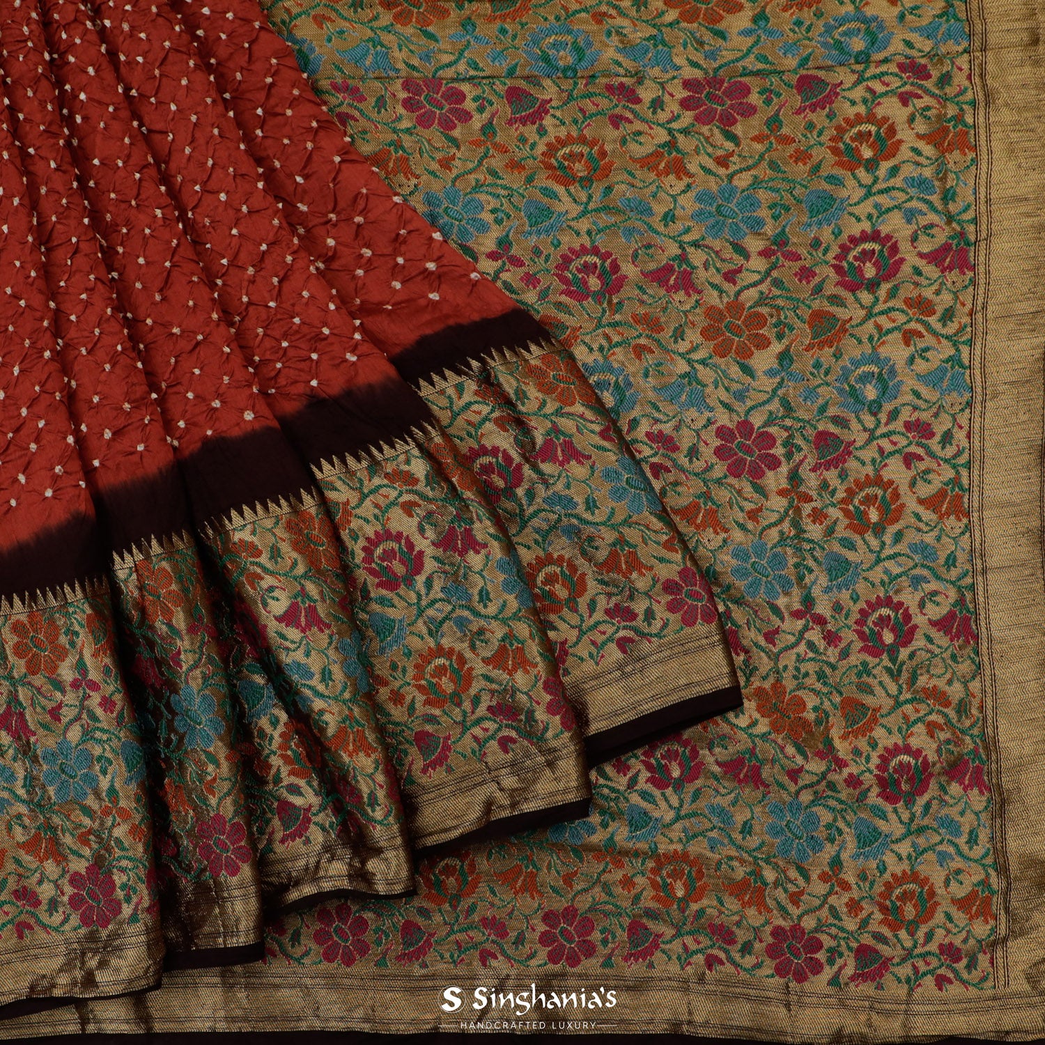 Vermilion Orange Printed Silk Saree With Bandhani Pattern