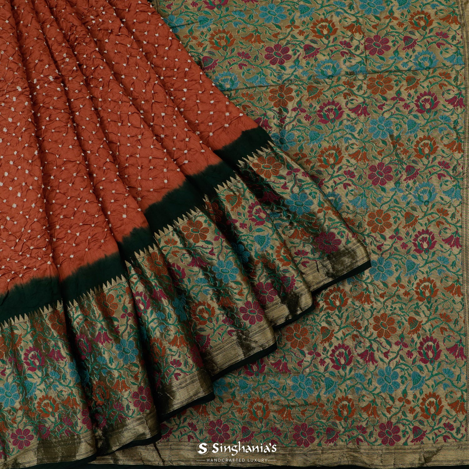Medium Vermilion Orange Printed Silk Saree With Bandhani Pattern
