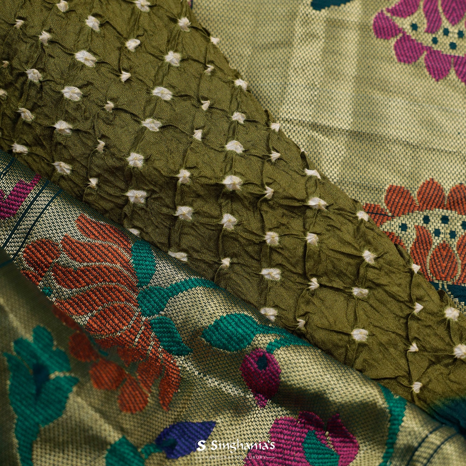 Dark Moss Green Silk Saree With Bandhini Pattern