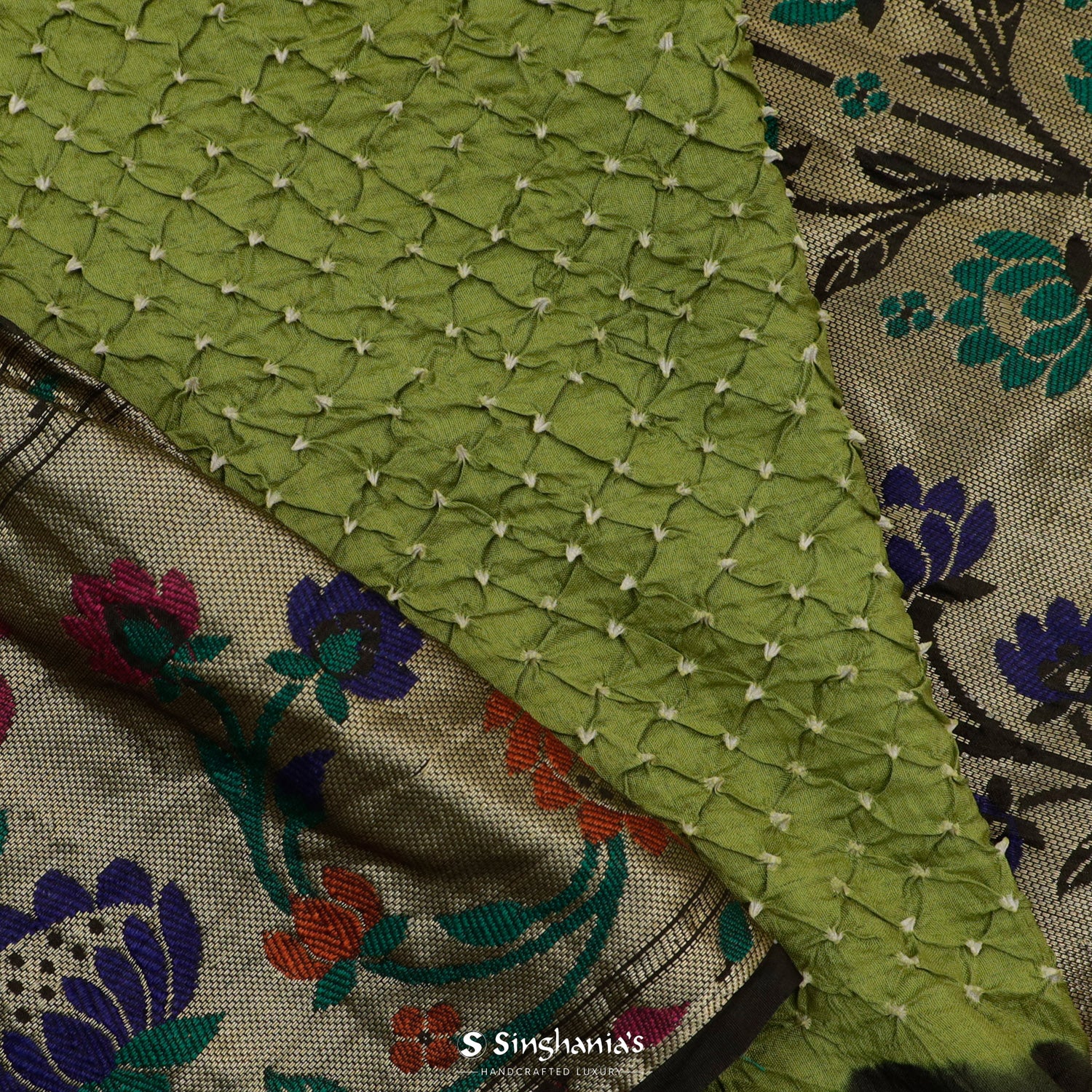Bright Yellow-Green Printed Silk Saree With Bandhani Pattern