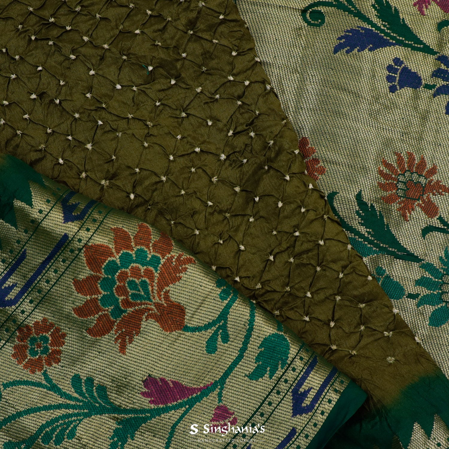Dark Olive Green Printed Silk Saree With Bandhani Pattern