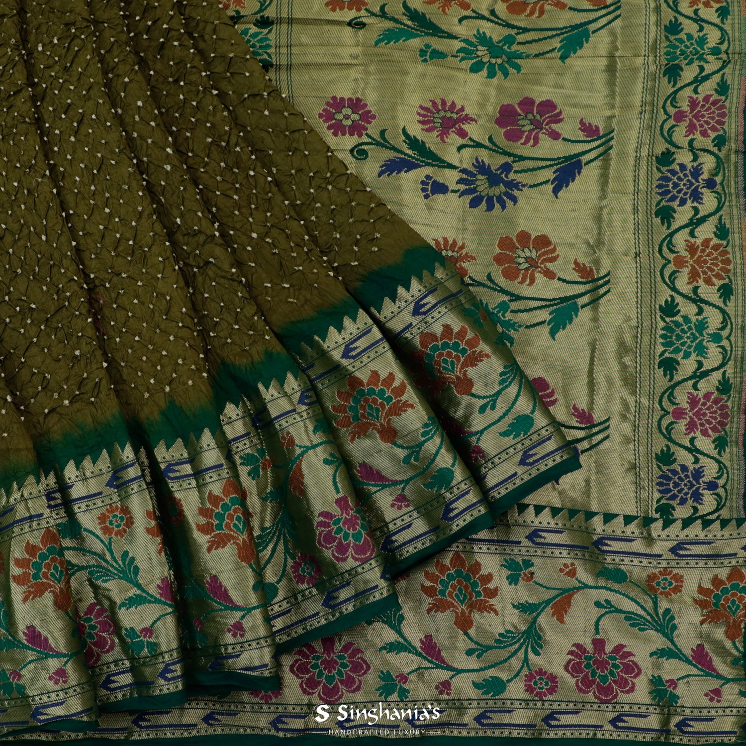 Dark Olive Green Printed Silk Saree With Bandhani Pattern