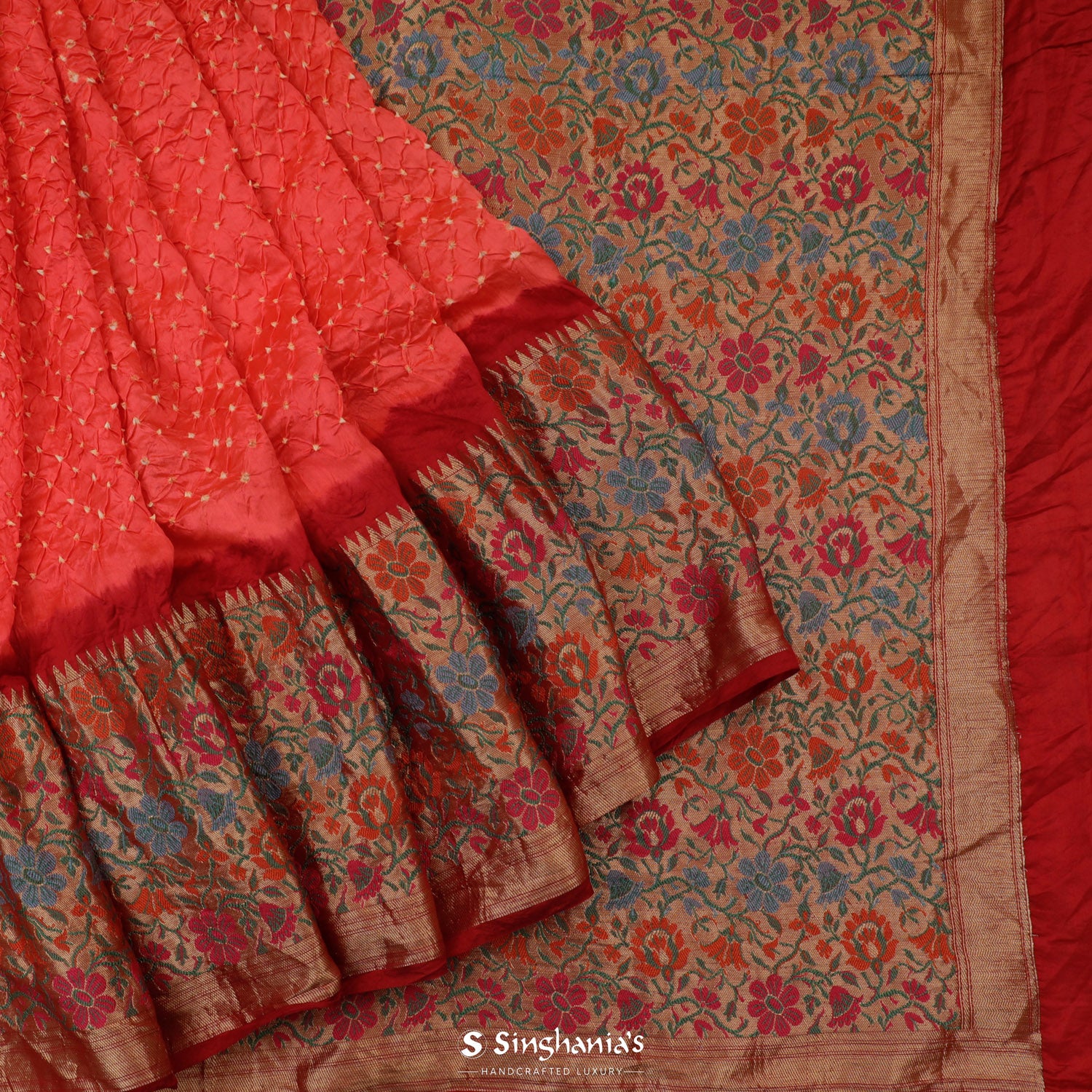 Imperial Red Printed Silk Saree With Bandhani Pattern