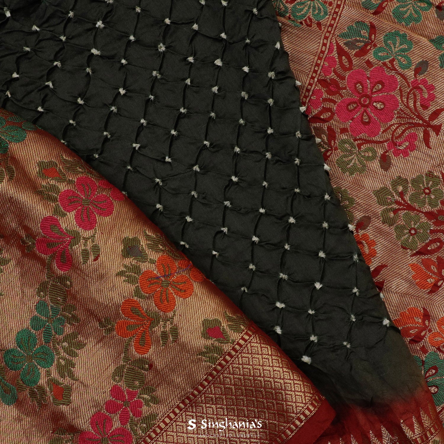 Onyx Black Printed Silk Saree With Bandhani Pattern