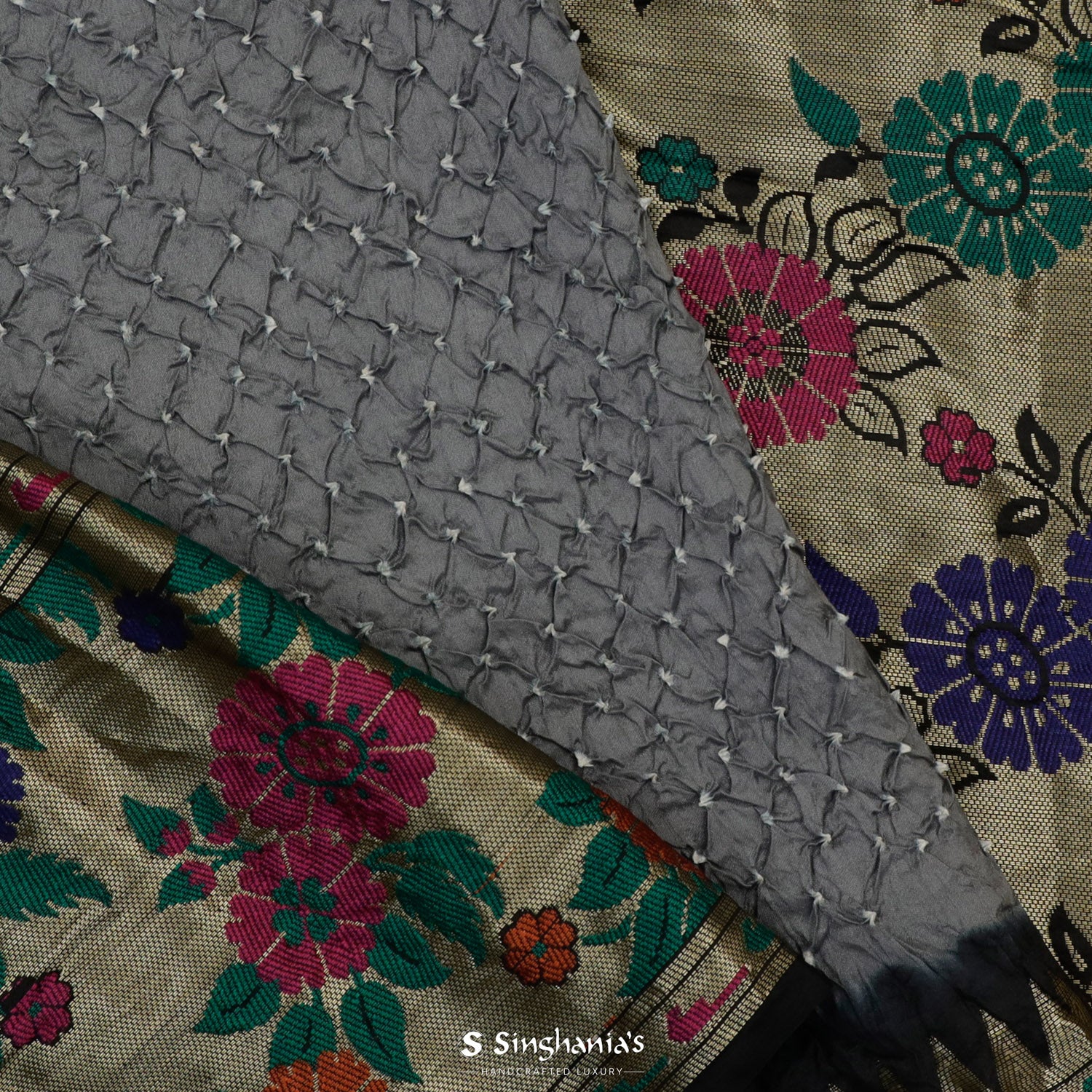 Jet Gray Printed Silk Saree With Bandhani Pattern