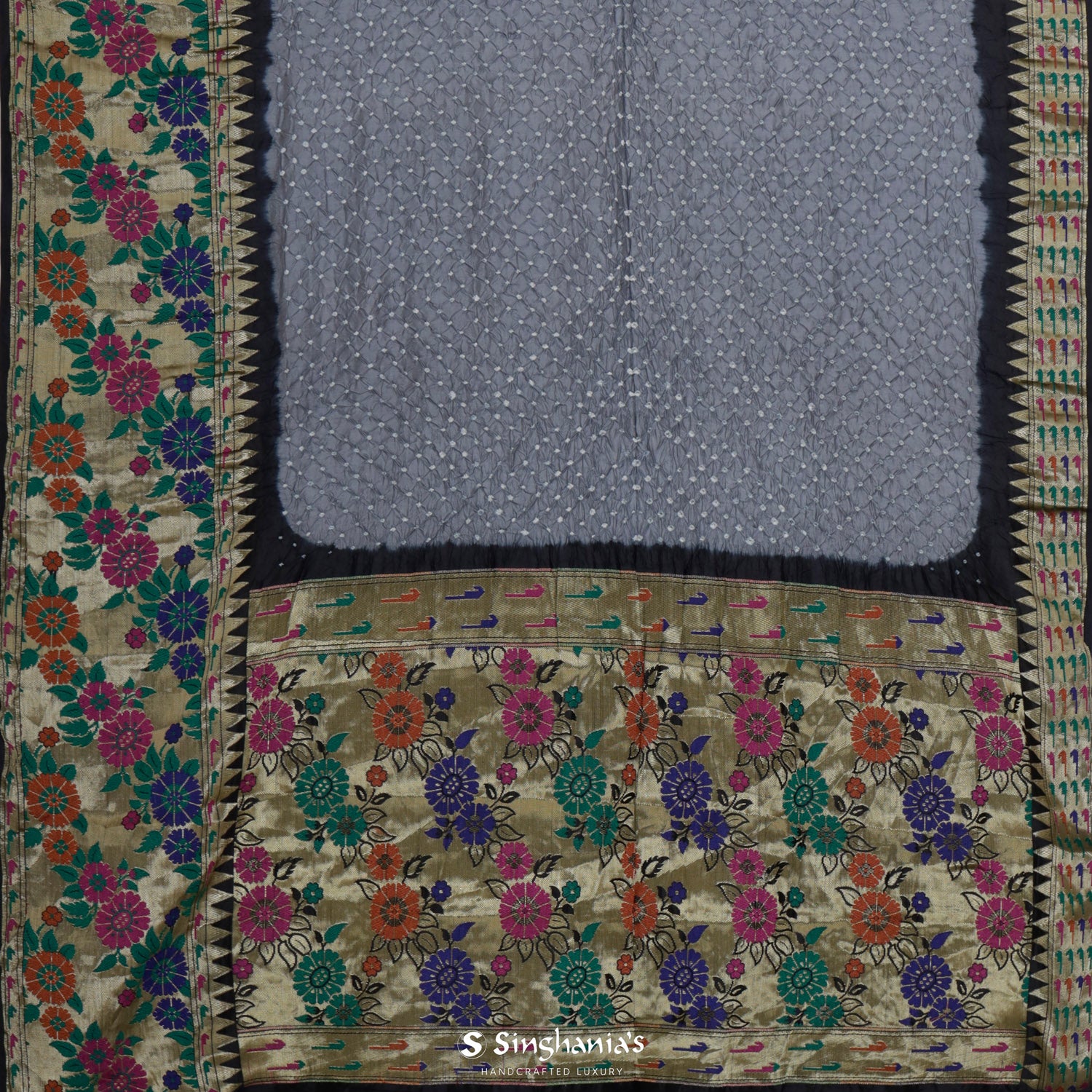 Jet Gray Printed Silk Saree With Bandhani Pattern