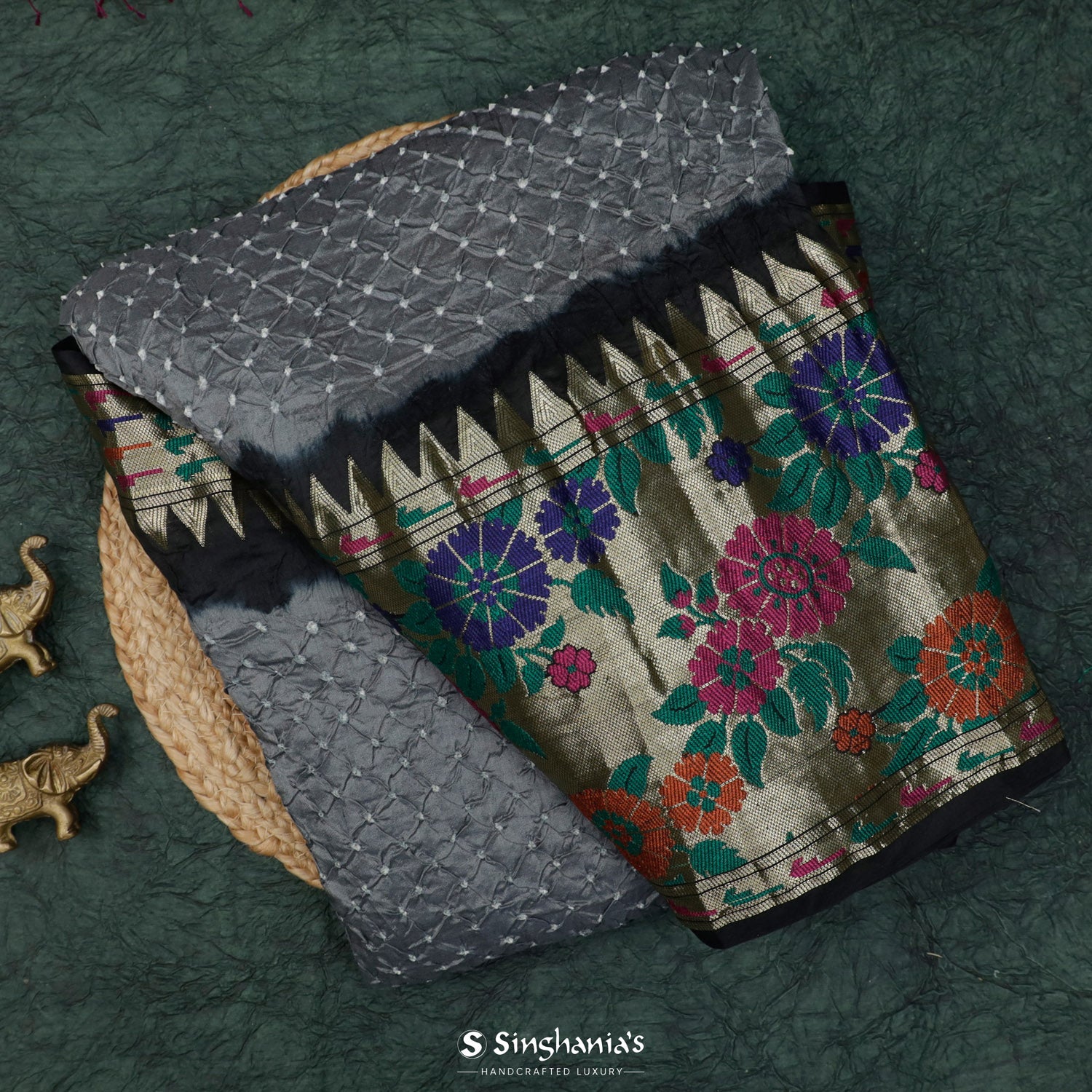 Jet Gray Printed Silk Saree With Bandhani Pattern
