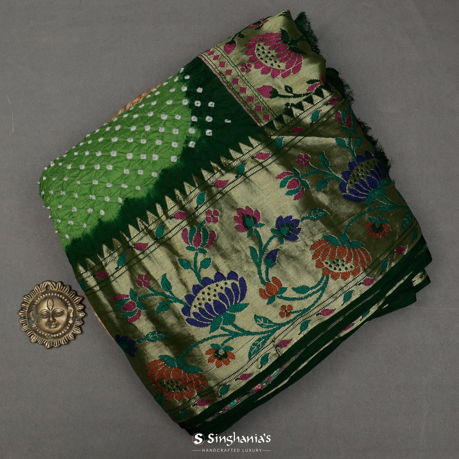 Dusky Green Silk Saree With Bandhini Pattern