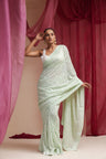 Seafoam Green Georgette Designer Saree With Lucknowi Embroidery