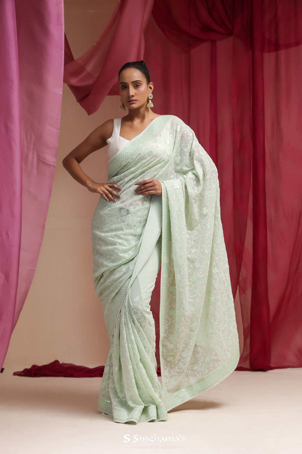 Seafoam Green Georgette Designer Saree With Lucknowi Embroidery