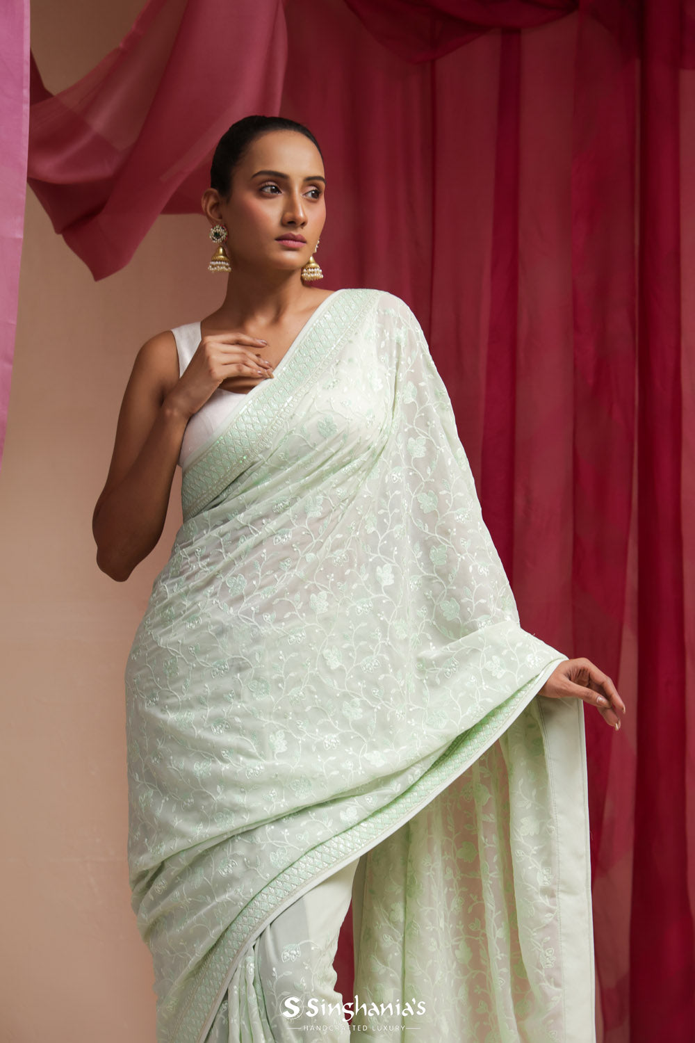 Seafoam Green Georgette Designer Saree With Lucknowi Embroidery