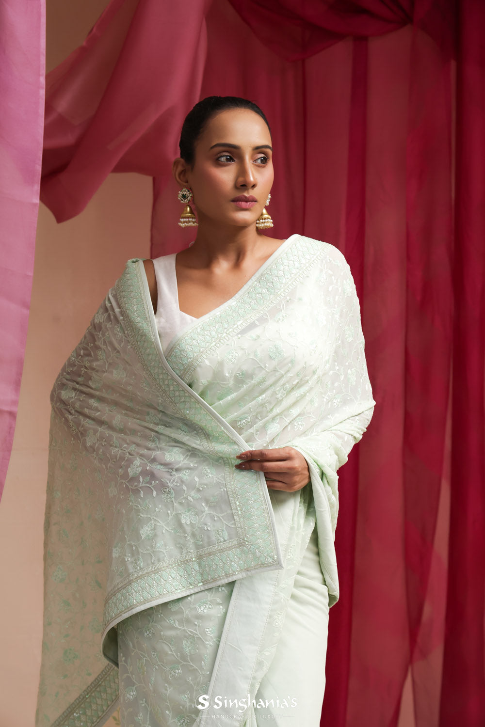 Seafoam Green Georgette Designer Saree With Lucknowi Embroidery