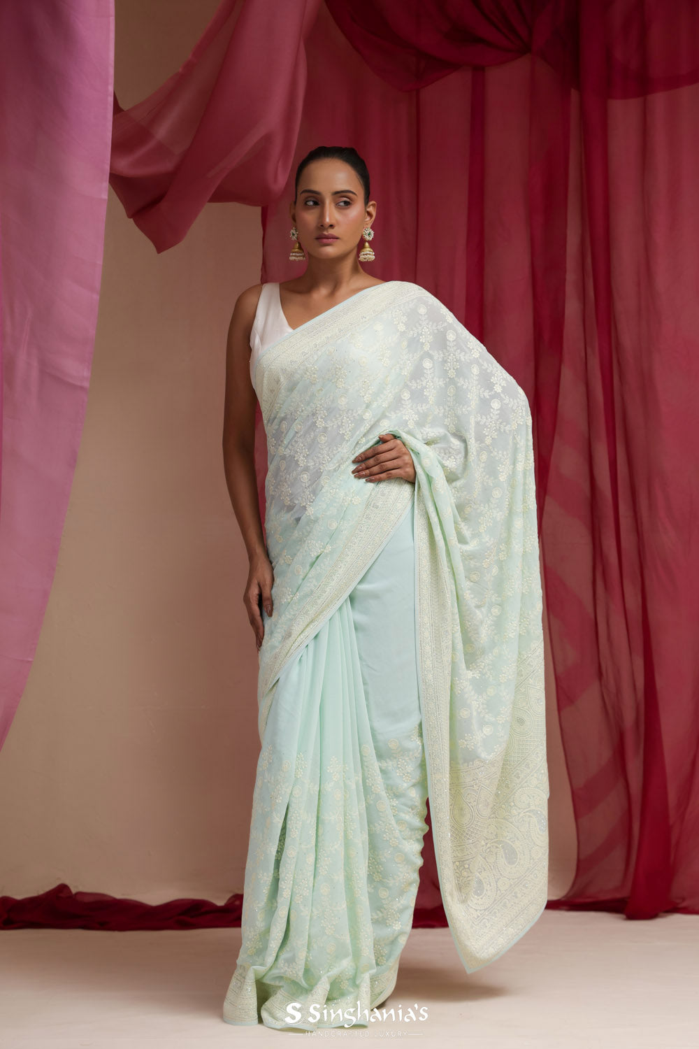 Powder Blue Georgette Designer Saree With Lucknowi Embroidery