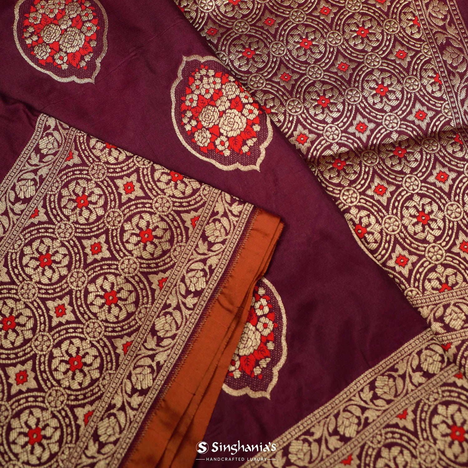 Jam Purple Banarasi Saree With Floral Butta Weaving