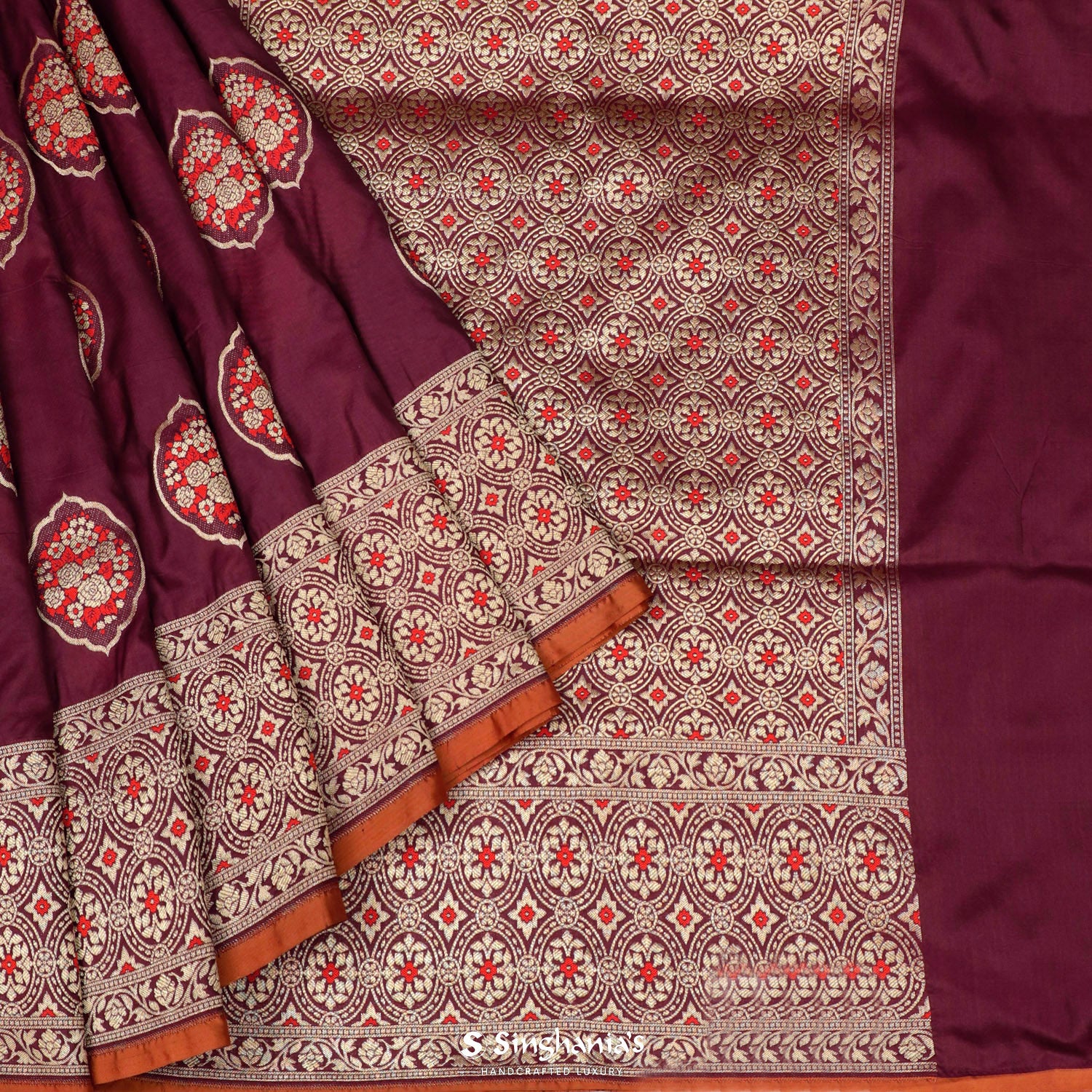Jam Purple Banarasi Saree With Floral Butta Weaving