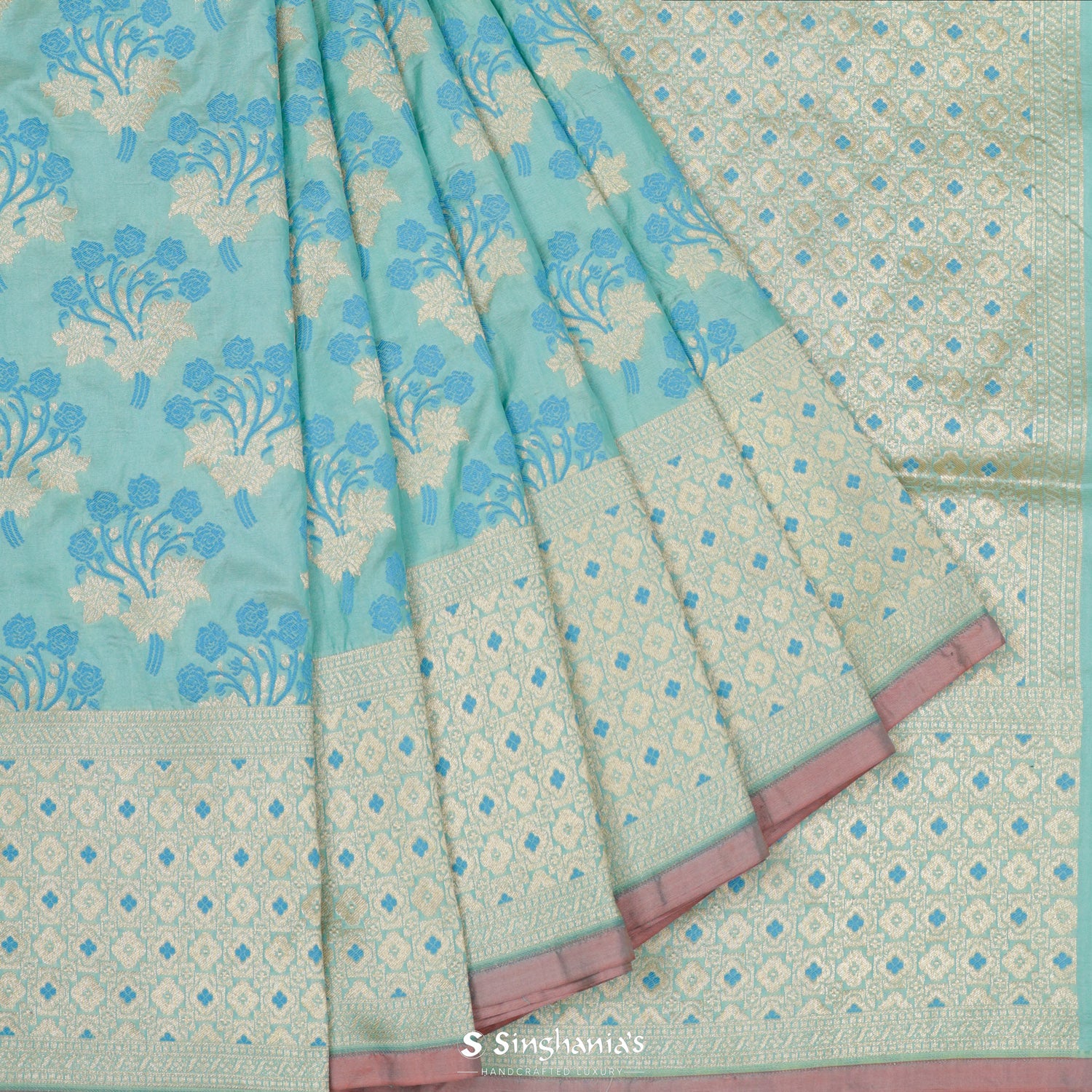 Aero Blue Banarasi Saree With Meenakari Floral Weaving