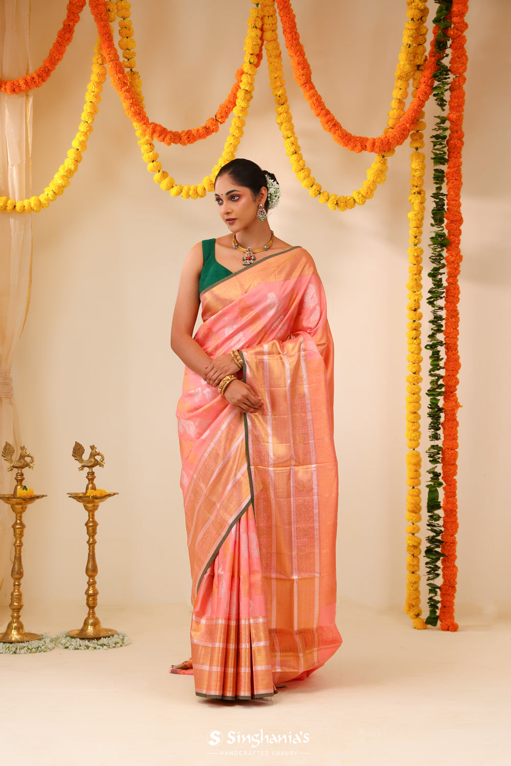 Light Pink Kanjivaram Silk Saree With Peacock Motifs