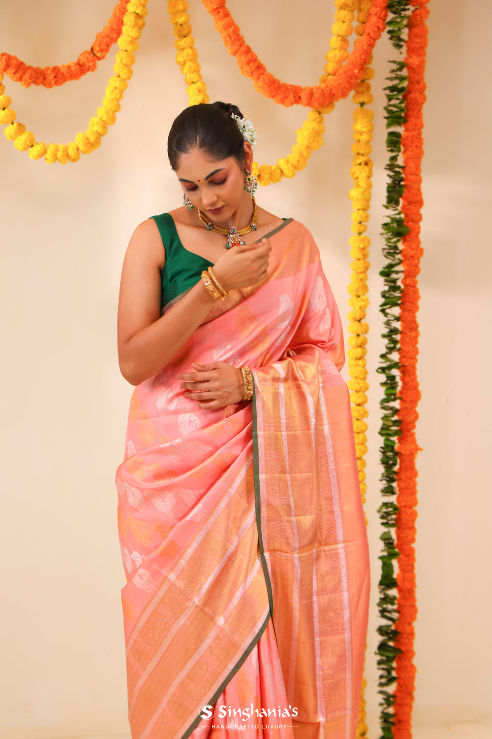 Light Pink Kanjivaram Silk Saree With Peacock Motifs