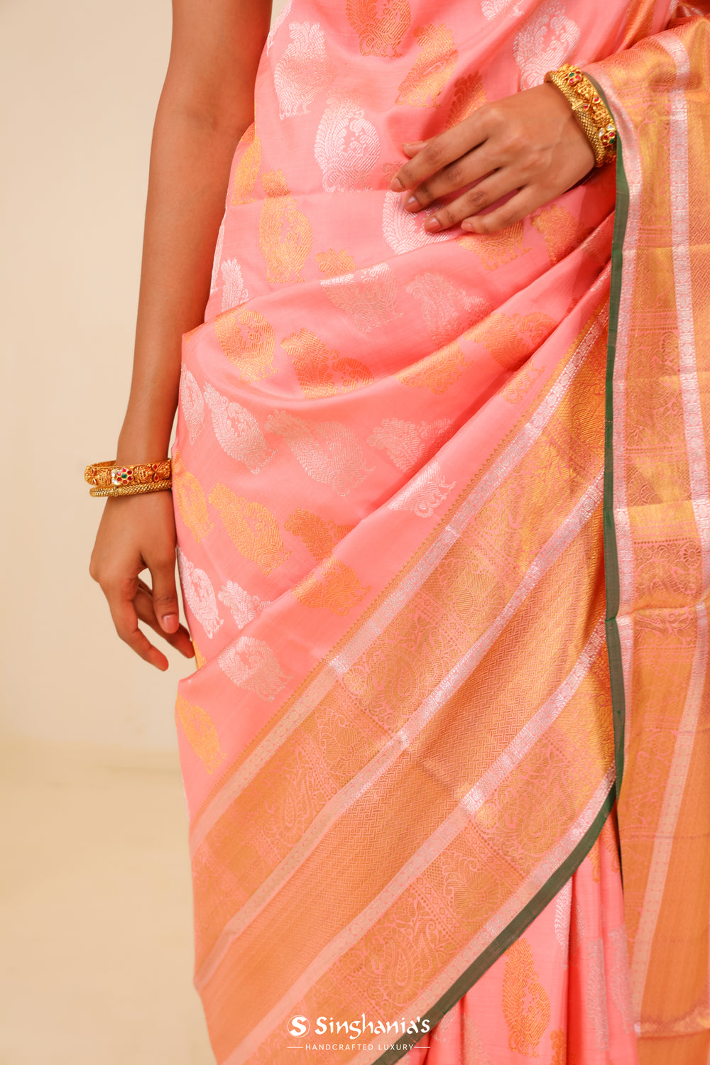 Light Pink Kanjivaram Silk Saree With Peacock Motifs