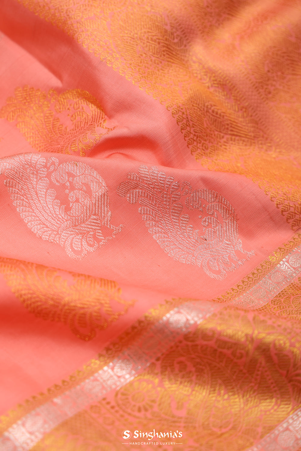 Light Pink Kanjivaram Silk Saree With Peacock Motifs