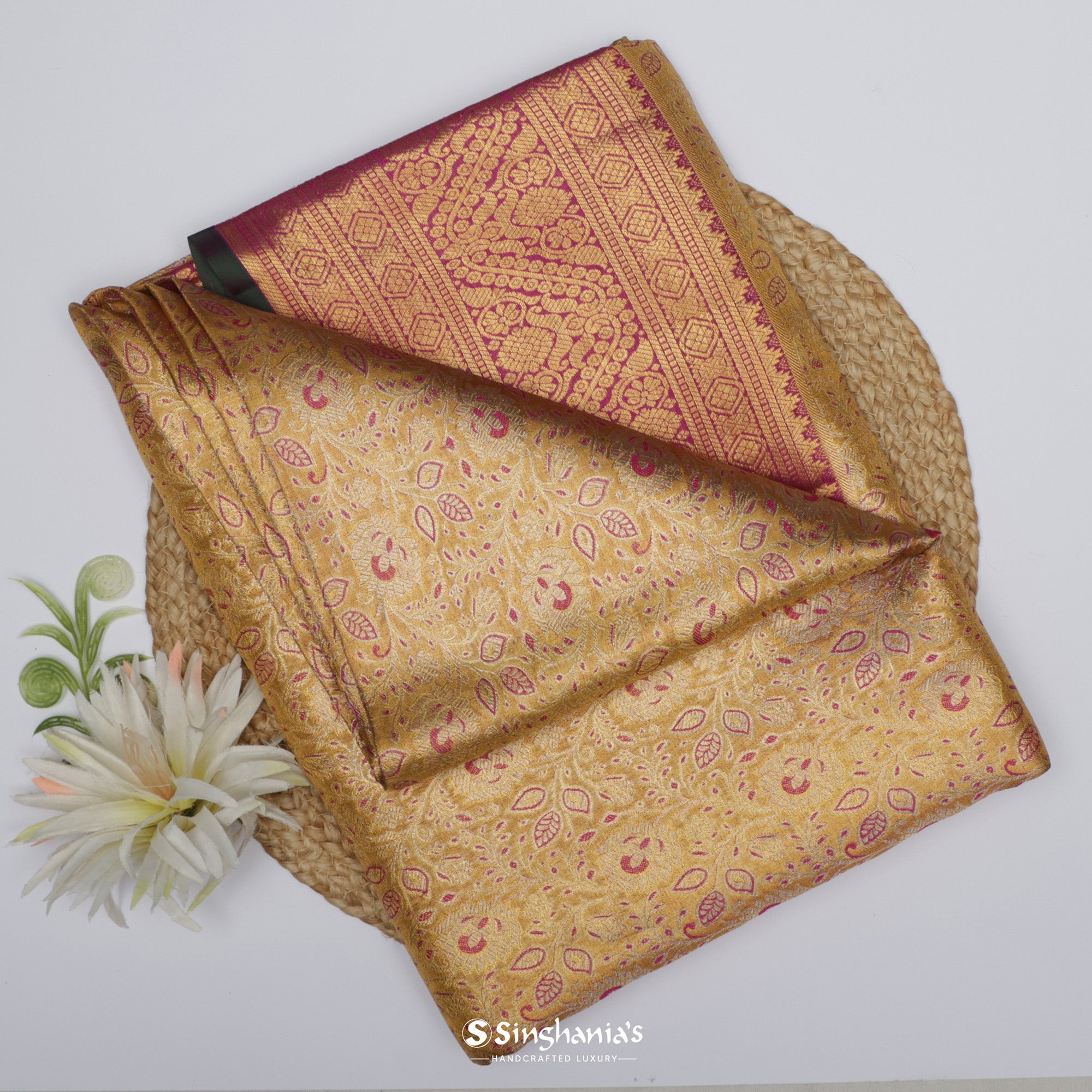 Light Gold Yellow Korvai Kanjivaram Silk Saree With Meenakari Weaving