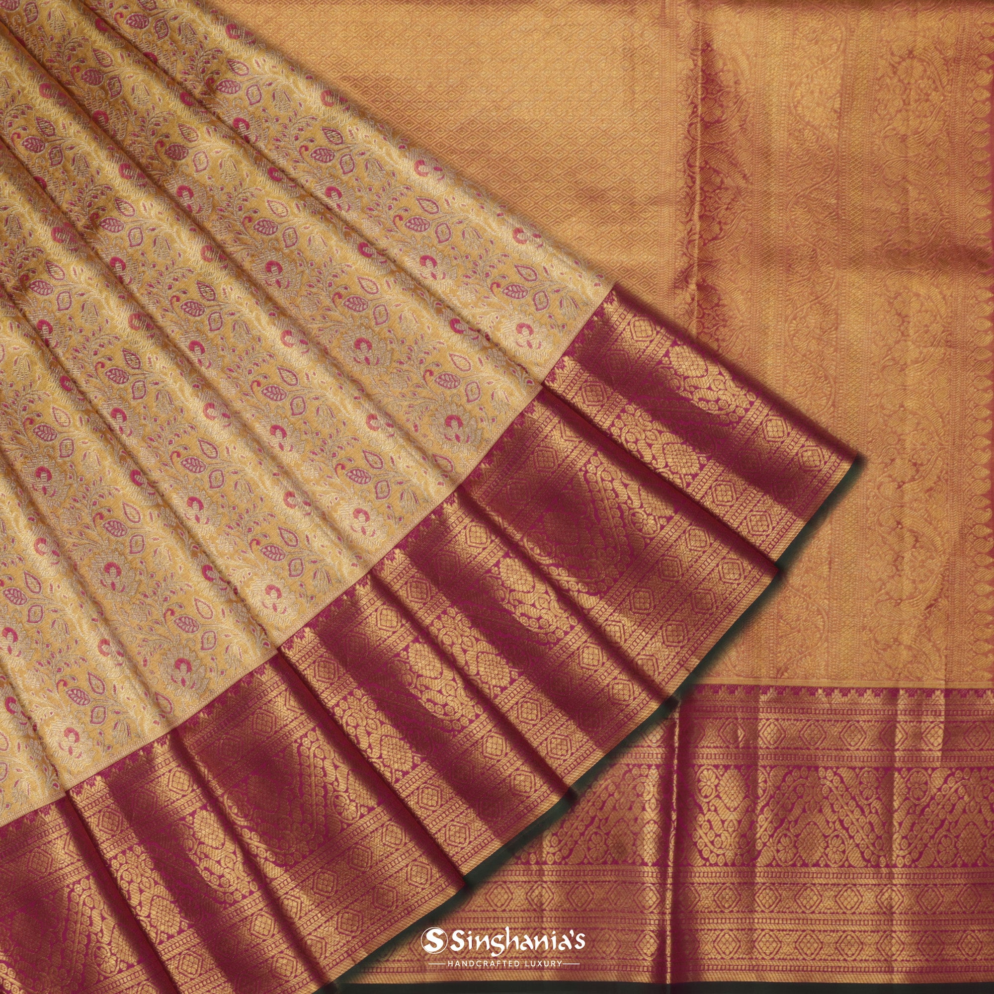 Light Gold Yellow Korvai Kanjivaram Silk Saree With Meenakari Weaving