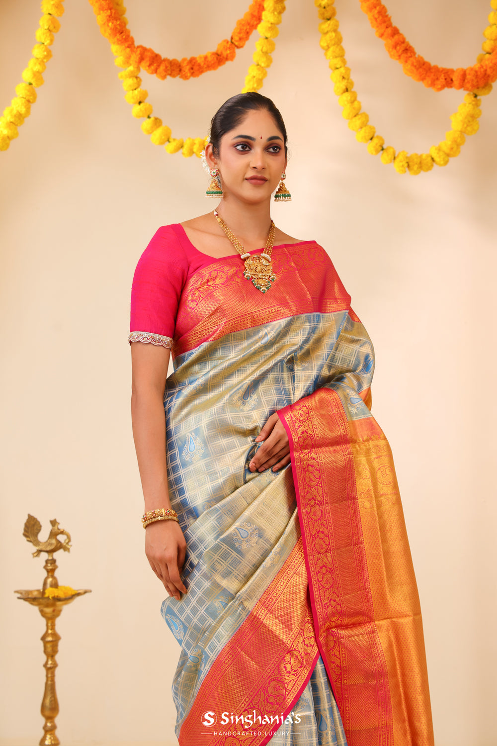 Columbia Yellow Tissue Kanjivaram Saree With Floral Geometric Weaving